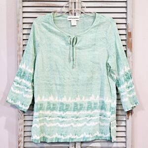 CATHY DANIELS COTTON BOHO TIE DYE TUNIC Womens L Mint Green Relaxed Peasant Top